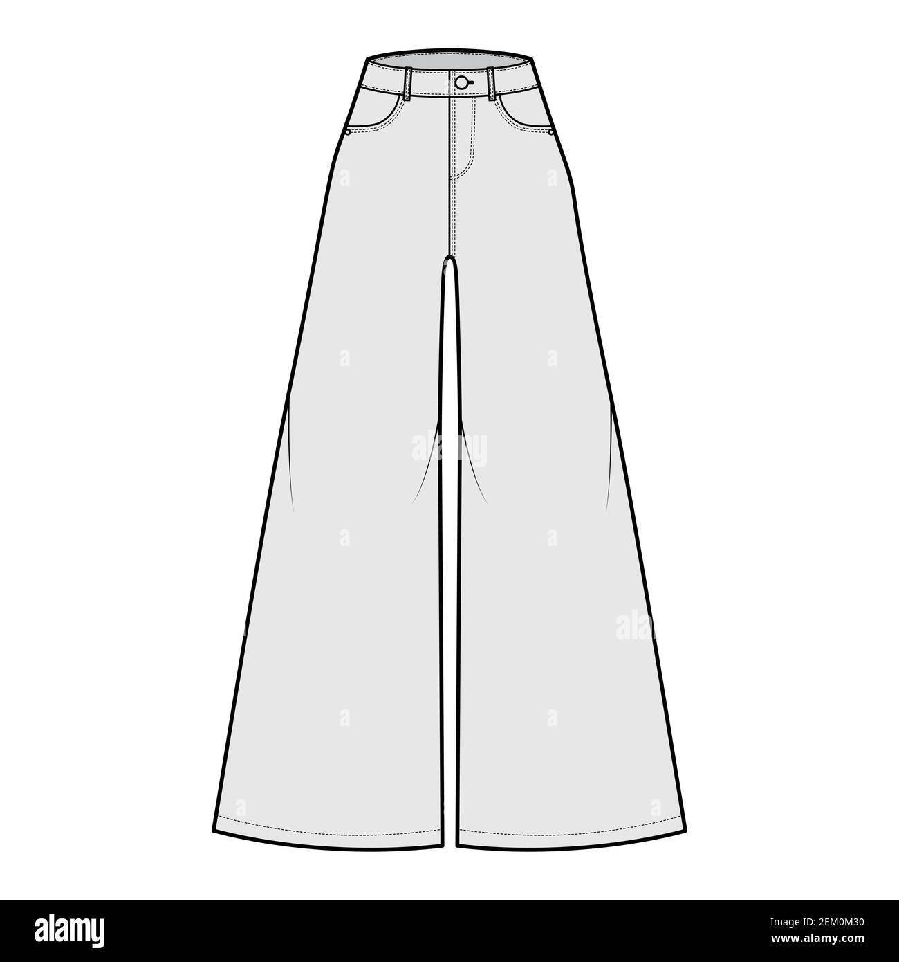 Jean Baggy large Pantalon denim technique mode illustration avec longueur,  taille normale, taille haute, 5 poches, rivets, boucles de ceinture. Avant  modèle plat, style gris. Femmes, maquette de CAO unisex Image Vectorielle