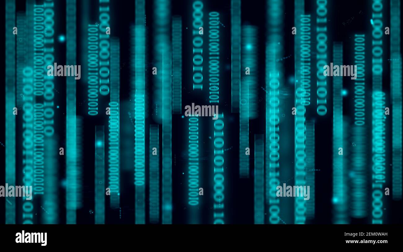 Concept d'arrière-plan de la technologie informatique, codes virtuels 0 et 1 sur fond bleu foncé, mouvement de défilement des numéros et effet de flou de mouvement. Banque D'Images