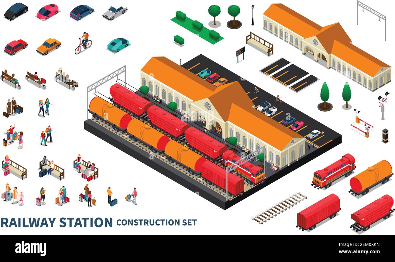 Construction de la gare ensemble de wagons-citernes de marchandises de la locomotive passagers personnel parking et paysage urbain illustrations vectorielles isométriques Illustration de Vecteur