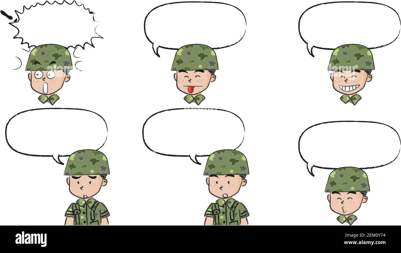 vecteur soldat de dessin animé emoji avec jeu de bulle de parole vide Illustration de Vecteur