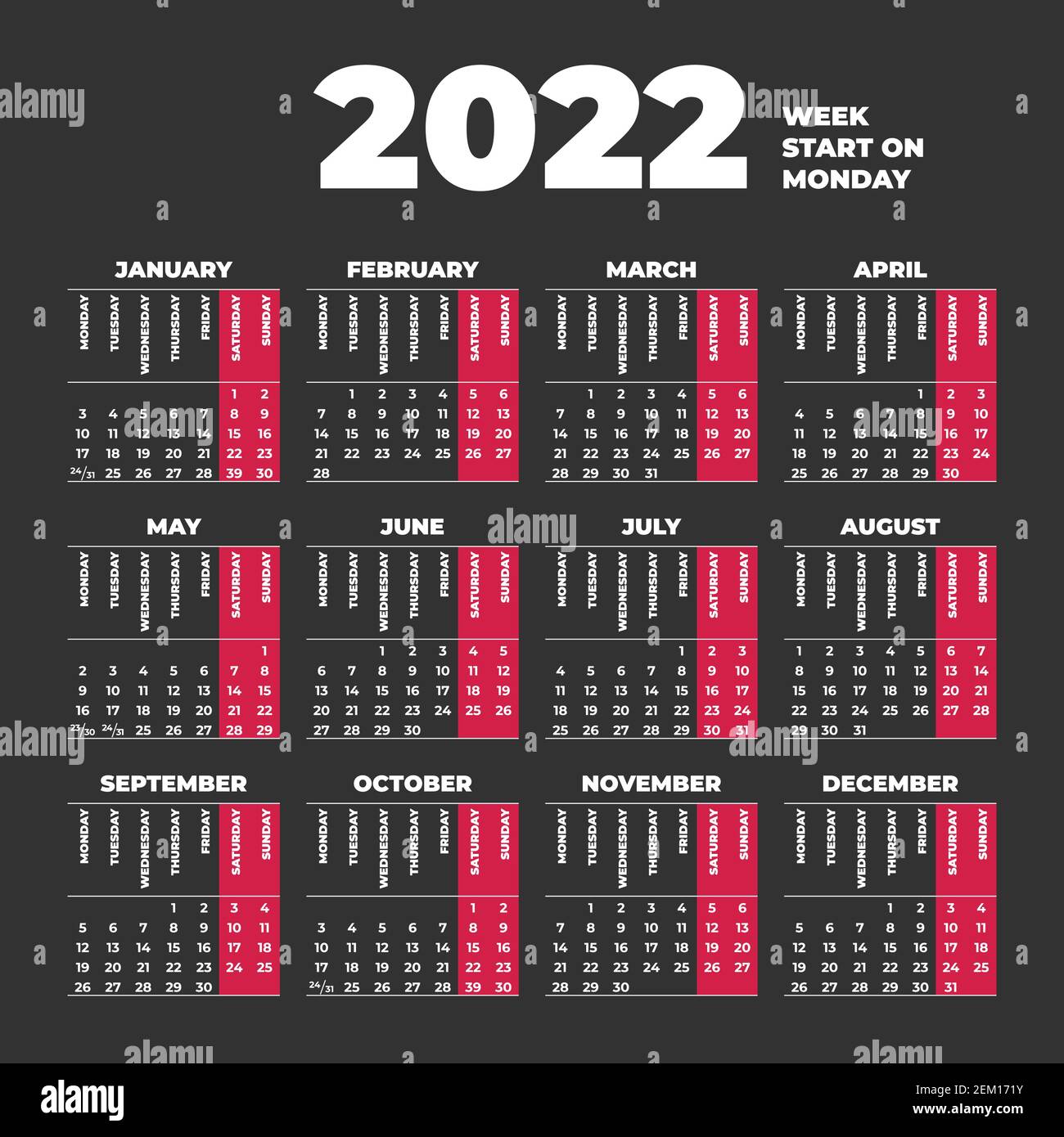 2022 modèle de calendrier avec les semaines commençant le lundi Illustration de Vecteur