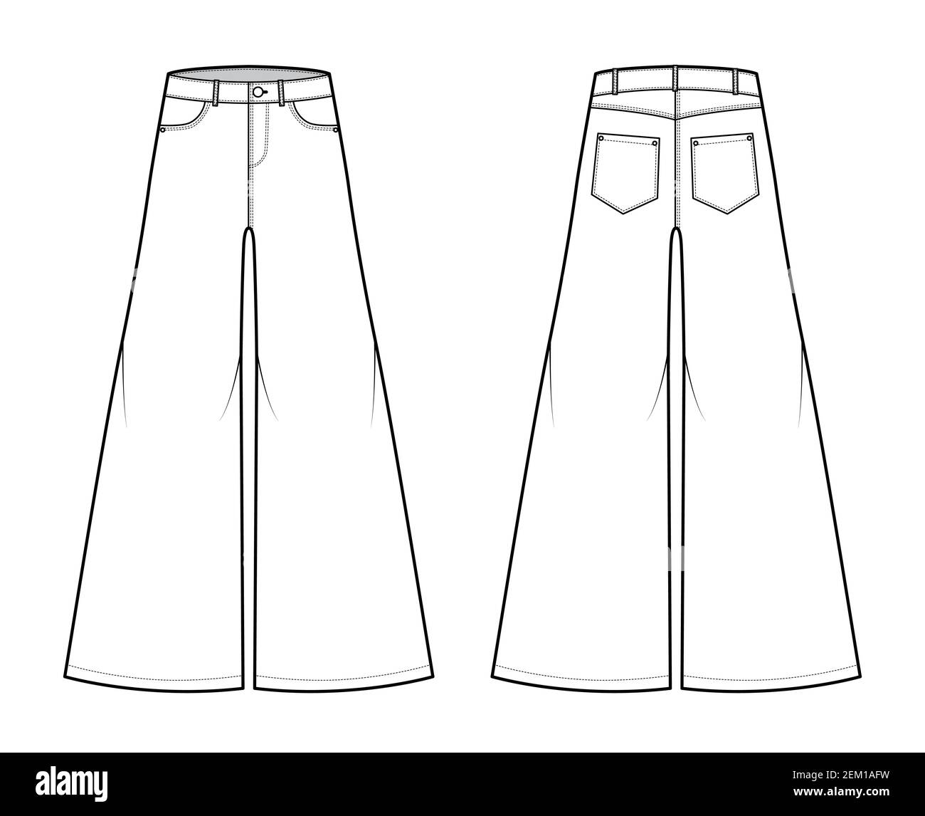 Jean Baggy large Pantalon denim technique mode illustration avec longueur,  taille basse, taille, 5 poches, rivets, boucles de ceinture. Modèle à fond  plat à l'avant et à l'arrière, de couleur blanche. Femmes,