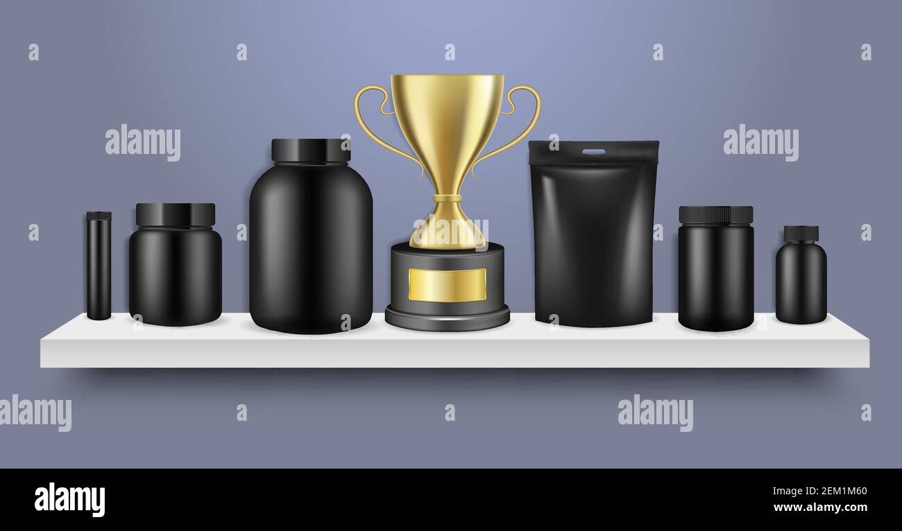 Kit de maquette pour conteneur alimentaire sport noir, illustration vectorielle. Suppléments alimentaires et vitamines pour le sport. Illustration de Vecteur