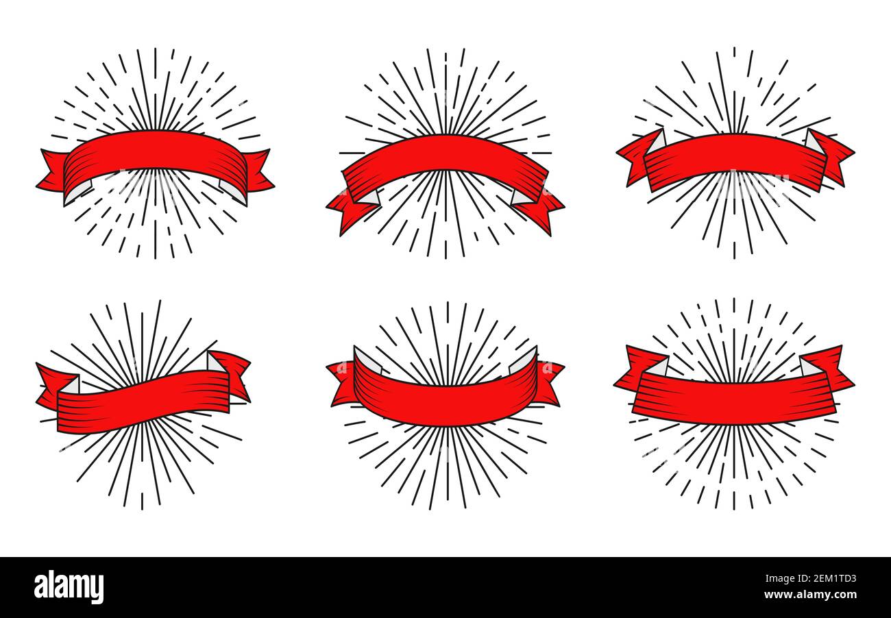 Rayons lumineux et ruban rouge avec ligne de contour noire. Style hipster ancien, emblème vierge avec espace pour le texte. Modèle pour les soldes du vendredi fou, les cartes-cadeaux ou les remises. Illustration vectorielle Illustration de Vecteur