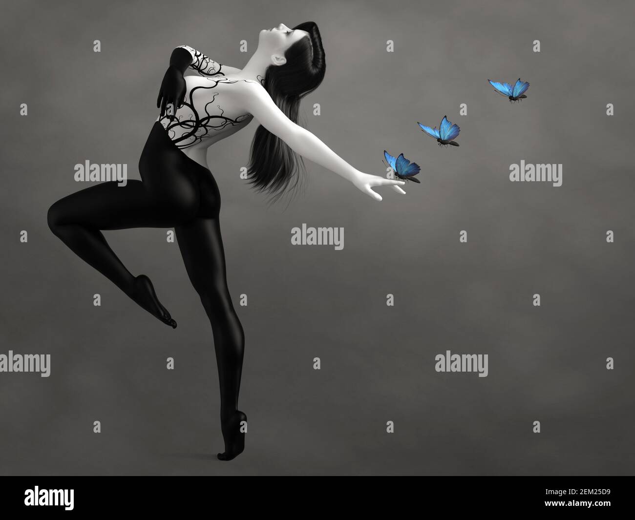 Rendu en 3D d'une femme surréaliste en forme de bodypeint dansant avec des papillons bleus. L'image est en noir et blanc ou monochrome en plus des papillons. Banque D'Images