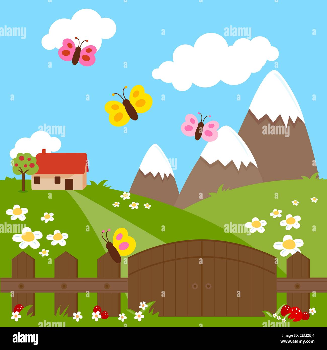 Paysage avec une maison de campagne dans un pré verdoyant avec des fleurs, une clôture en bois avec une porte, des montagnes et des papillons. Magnifique paysage printanier. Banque D'Images
