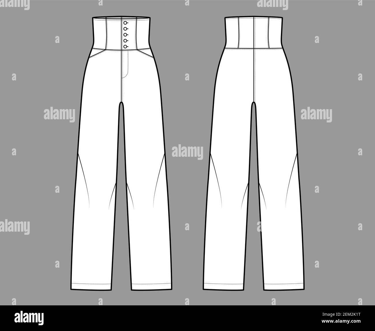 Pantalon taille haute, illustration technique de la mode avec pleine longueur, poches, fermeture par le bas, poches rondes. Pantalon plat bas modèle de vêtement avant, arrière, couleur blanche. Femmes, hommes unisex CAD maquette Illustration de Vecteur