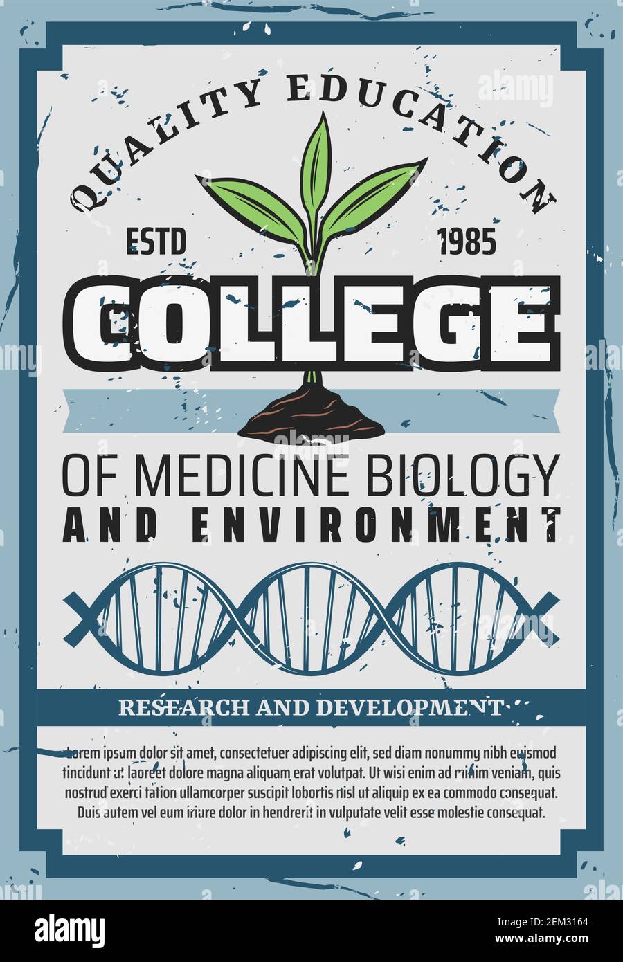 Enseignement supérieur de qualité dans les domaines de la biologie médicale, de l'environnement ou de la chimie et de la microbiologie. Affiche rétro de vecteur rétro de l'étude de l'écologie et du gène Illustration de Vecteur