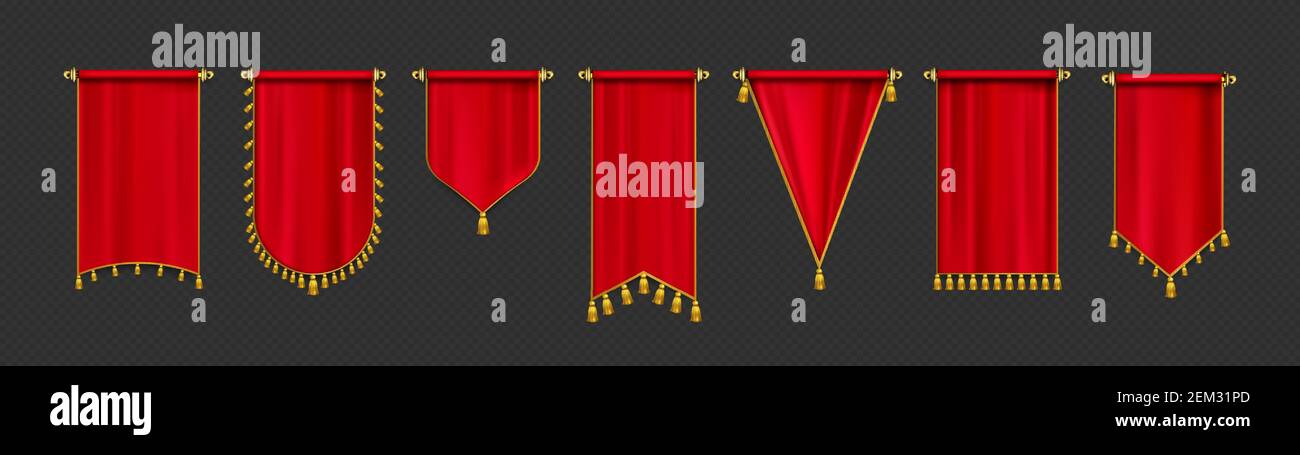 Fanions rouges en forme de maquette, bannières blanches suspendues avec des glands dorés, arrondies, concaves, pointues et doubles bords. Modèles d'enseigne héraldique médiévale, toile. Ensemble d'icônes vectorielles 3d réalistes isolées Illustration de Vecteur