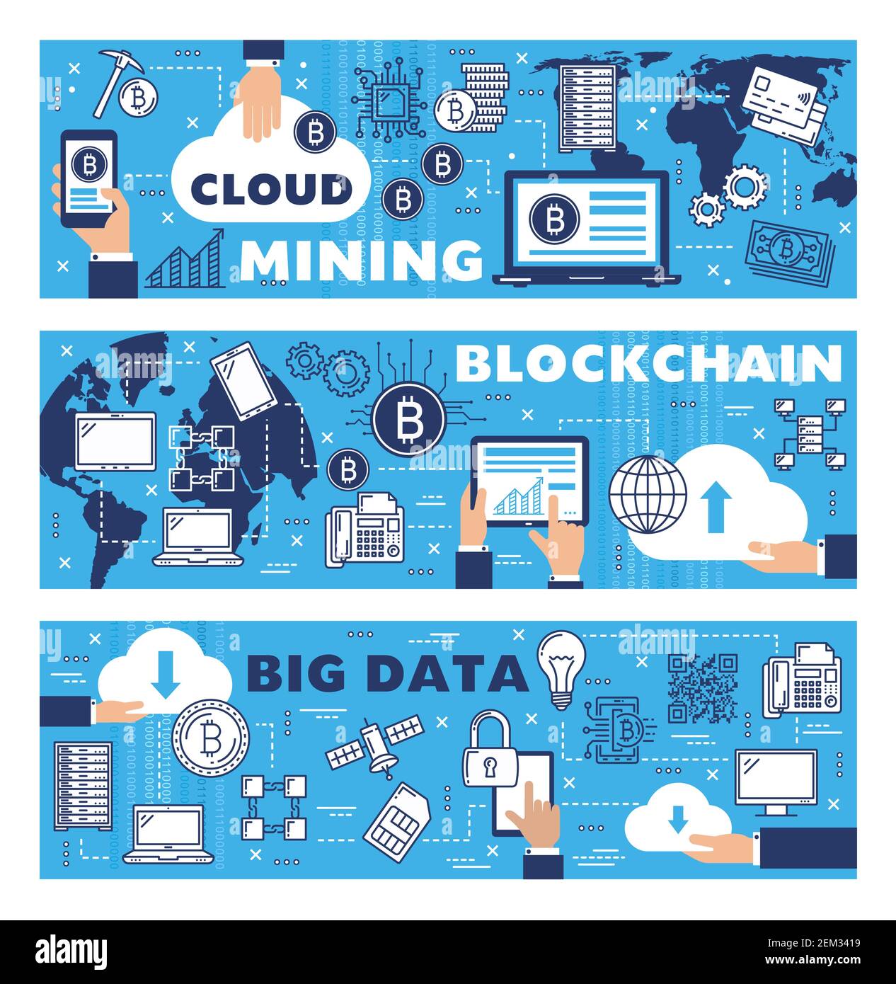 Extraction de bitcoin, blockchain de crypto-monnaie et stockage de données  Internet sur le cloud informatique. La technologie numérique vectorielle  dans le transfert de données, les pièces de monnaie et la crypte Image
