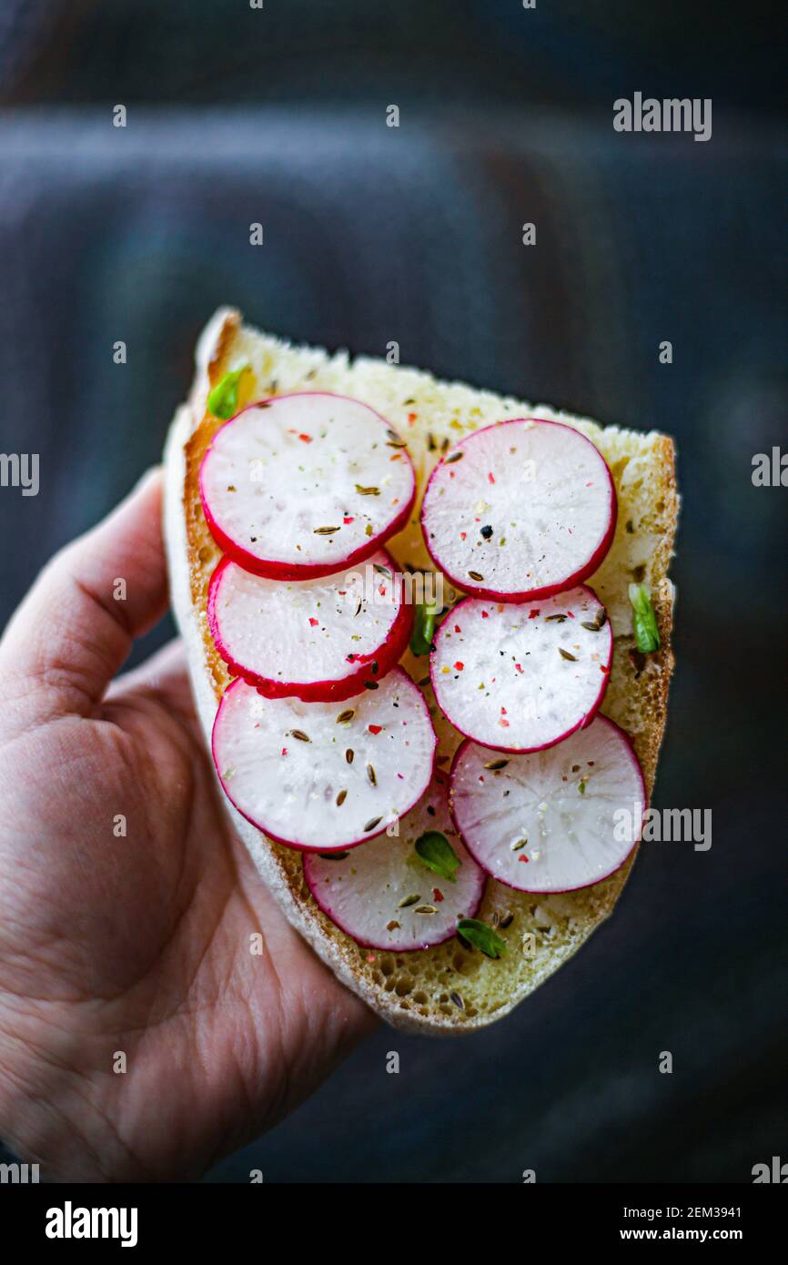 Un sandwich ouvert avec du beurre et des radis frais Banque D'Images