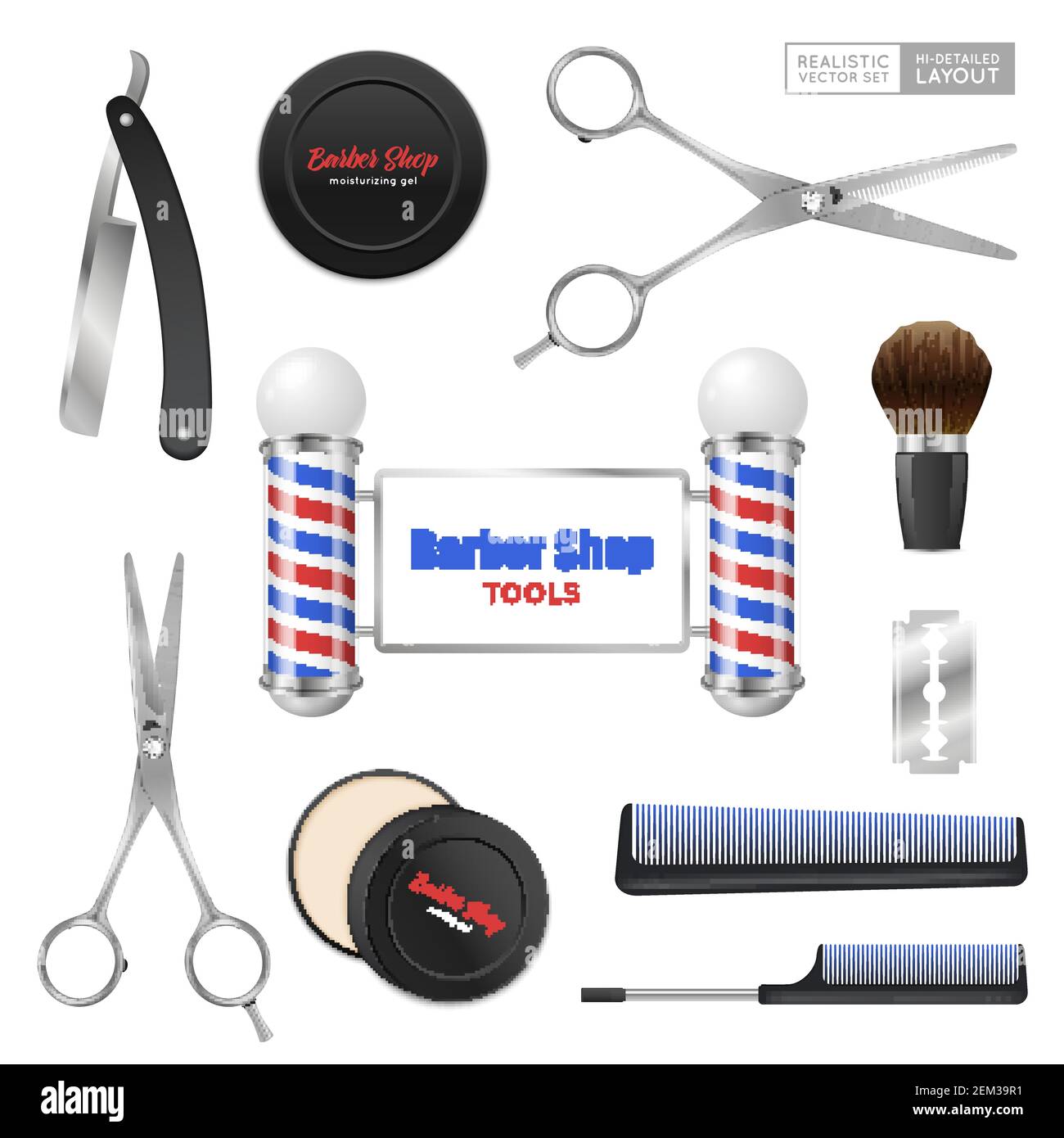 Kit d'accessoires réalistes pour barbier avec ciseaux de rasage illustration vectorielle des gels hydratants et apaisants au pinceau Illustration de Vecteur