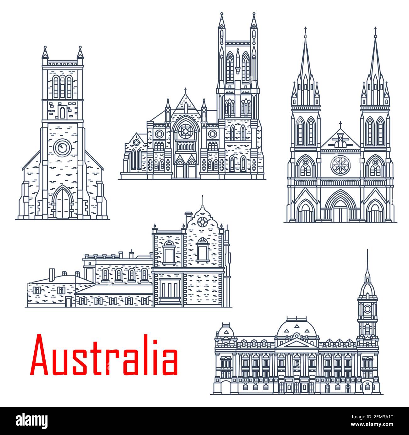 Sites vectoriels isolés australiens. Cathédrale Saint-Pierre de Vector, hôtel de ville de Melbourne, Vieux-Parlement Adélaïde, cathédrale Saint-François-Xavier. Saint-tri Illustration de Vecteur