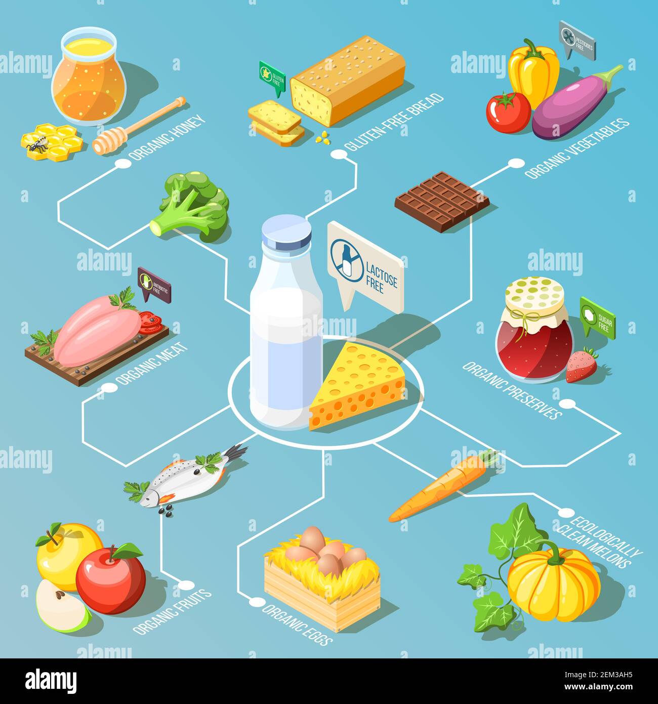 Aliments biologiques y compris, fruits et légumes écologiques, produits laitiers diagramme isométrique sur fond turquoise illustration vectorielle Illustration de Vecteur