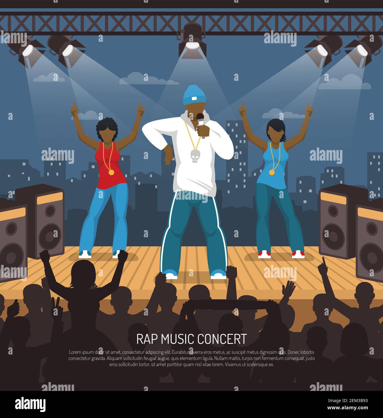 RAP concert avec chanteur et 2 dames sur scène illustration vectorielle d'affiche plate sous le faisceau de lumière Illustration de Vecteur