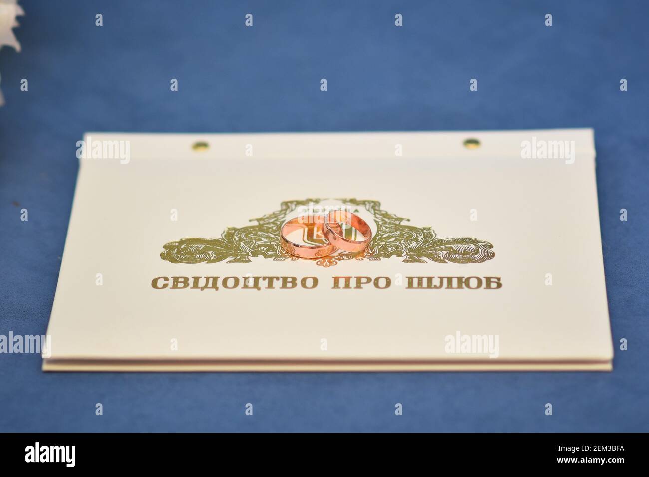 Le certificat de mariage, deux anneaux de mariage sont sur le dessus. En ukrainien. Banque D'Images