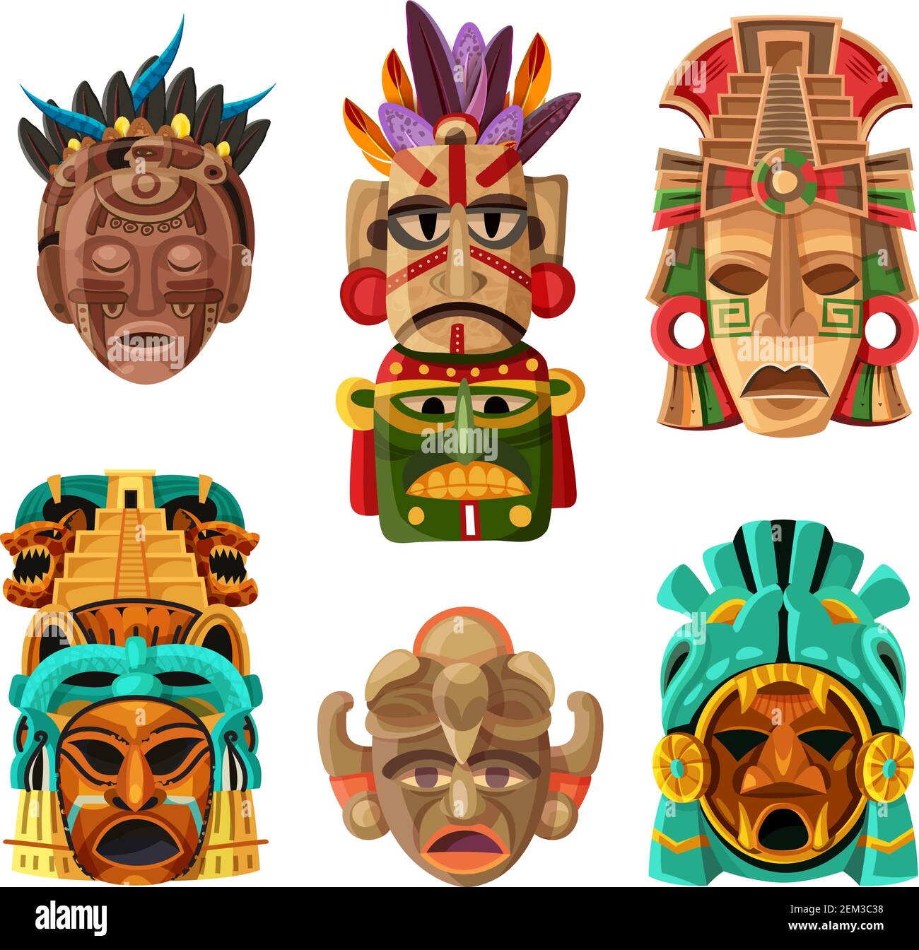 Ensemble de dessins animés de masque maya coloré avec l'origine ethnique tribale et éléments décoratifs religieux illustration vectorielle isolée Illustration de Vecteur