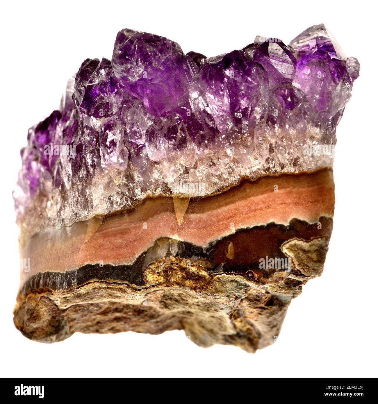 Cristaux d'améthyste (quartz violet) sur une matrice de strates de roche Banque D'Images