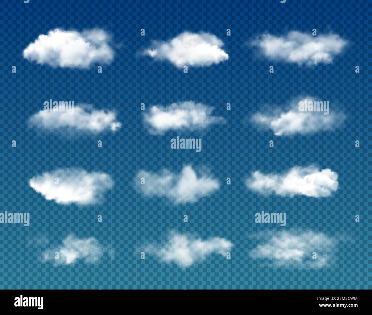 Nuages blancs sur fond transparent, ciel nuageux vectoriel, air brumeux, ciel nuageux et nuages moelleux de cumulus. La nature, le temps, l'atmosphère et lui Illustration de Vecteur