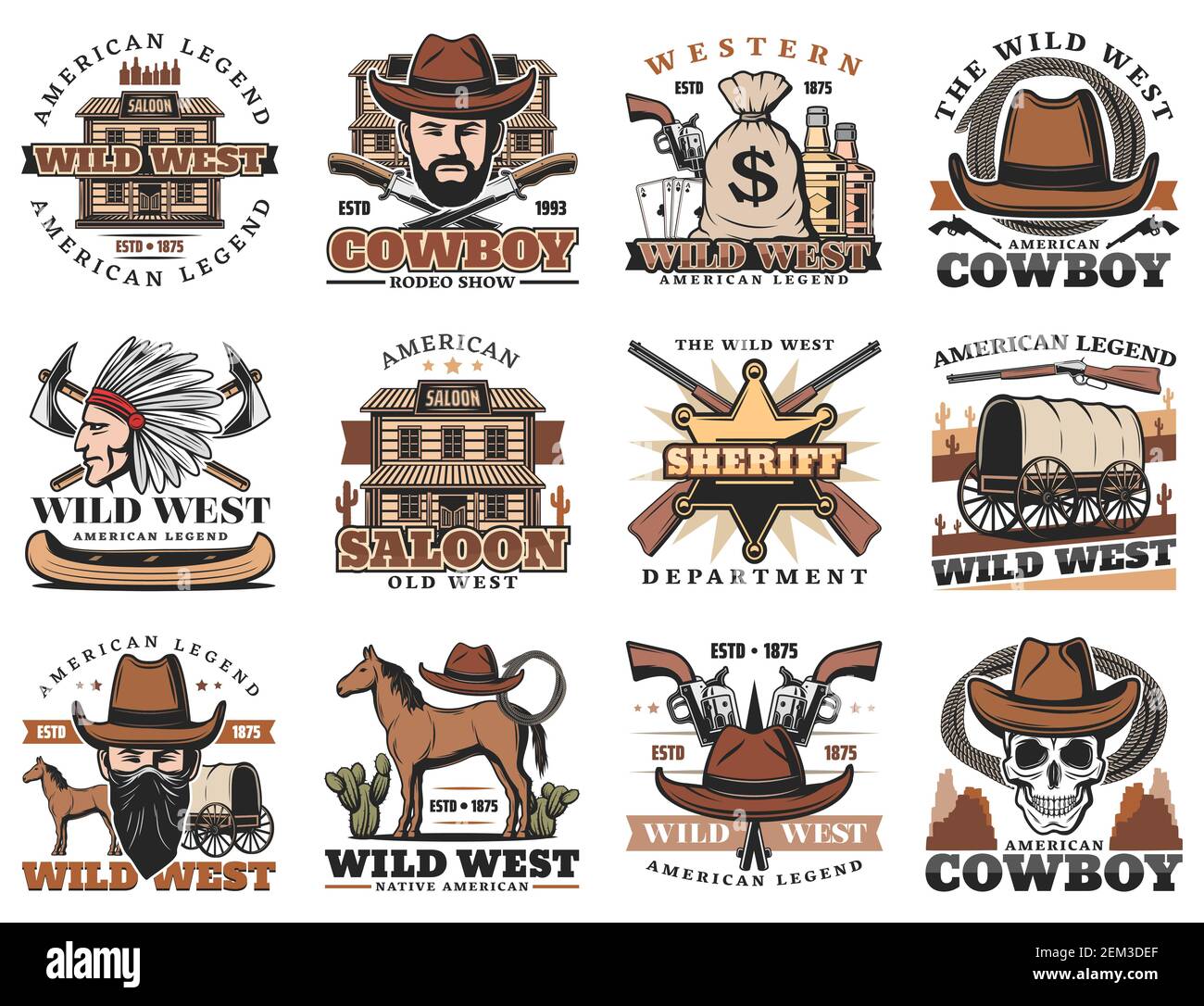 Icônes occidentales américaines, rodéo et saloon cowboy, revolver bandit et chef indien. Vecteur Ouest sauvage signes de shérif étoile, cheval lasso et longho Illustration de Vecteur