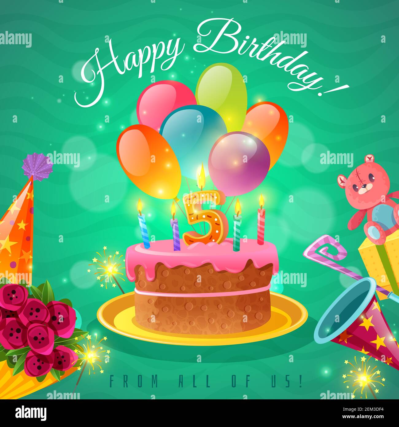 Carte De Voeux Pour Joyeux Anniversaire Pour Enfant De Cinq Ans Avec Felicitations Illustrations Vectorielles De Ballons A Gateau Et De Chapeau De Fete Image Vectorielle Stock Alamy