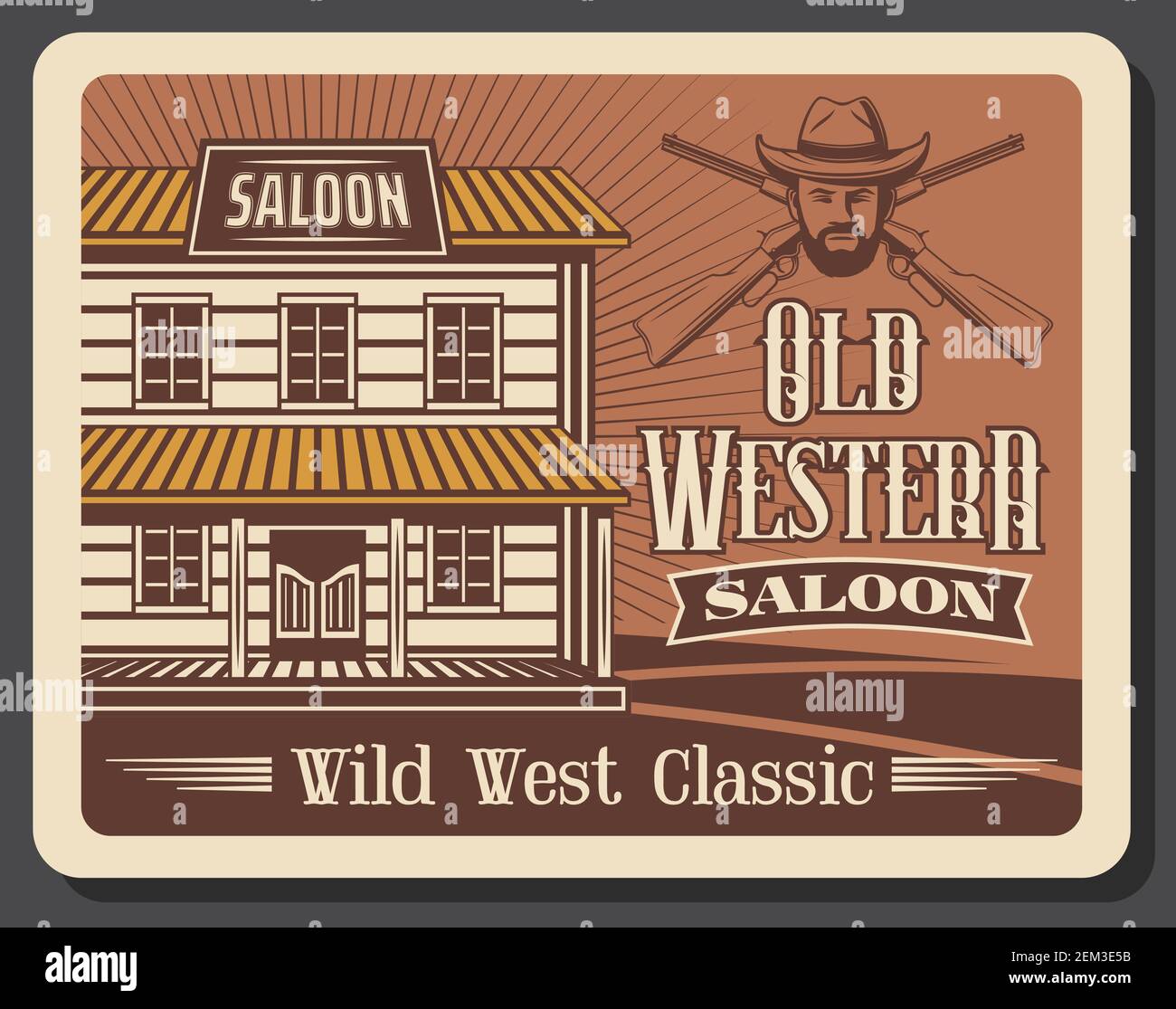 Bar-salon occidental, pub Whiskey ancien cowboy et affiche rétro rodéo vintage. American Wild West, Texas et Arizona saloon et shérif ou voulait bandit r Illustration de Vecteur