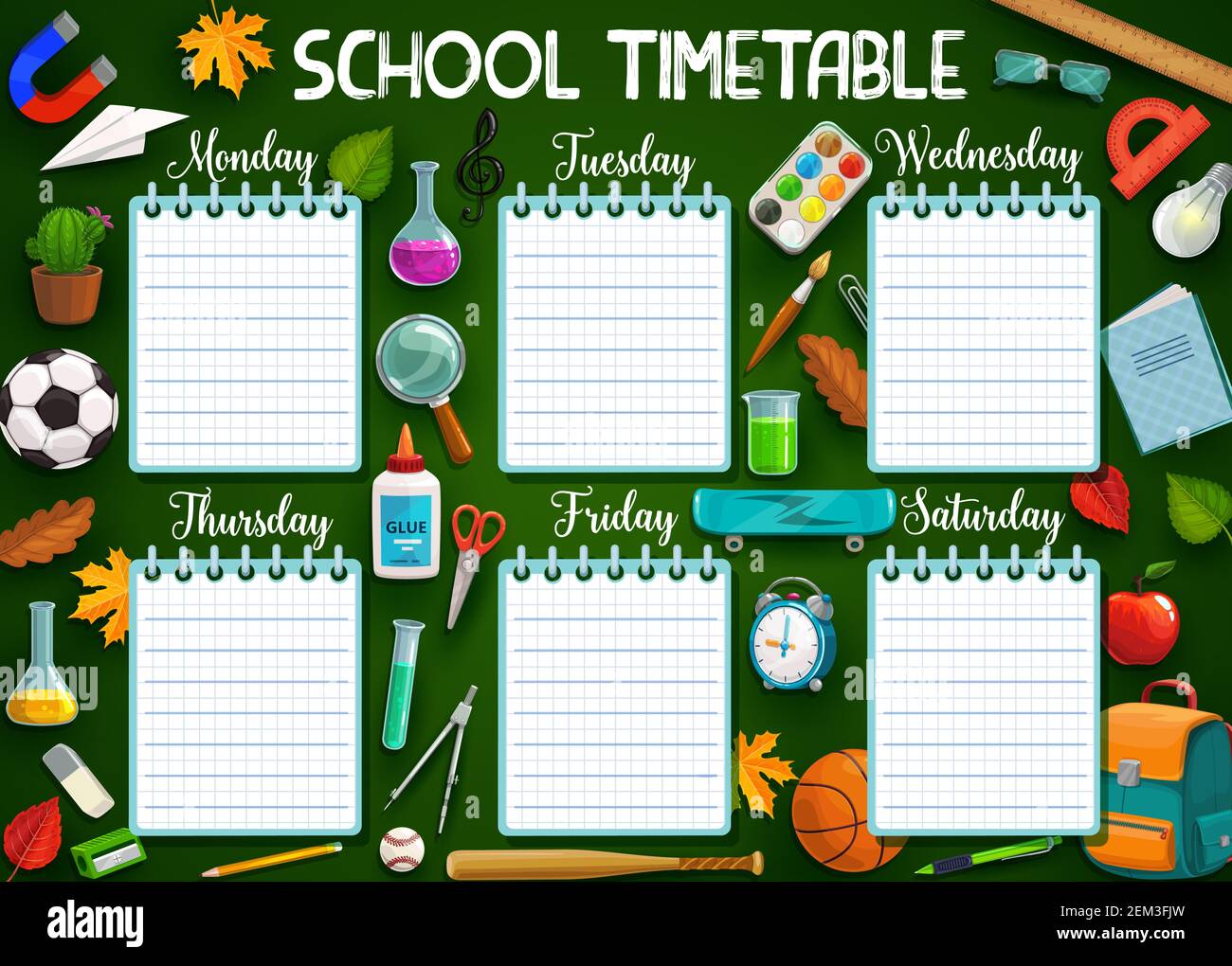 Calendrier scolaire, articles de papeterie et jours de la semaine, lignes de rechange pour écrire des notes. Sac à dos et loupe Vector, flacons chimiques, règles. Football et Illustration de Vecteur
