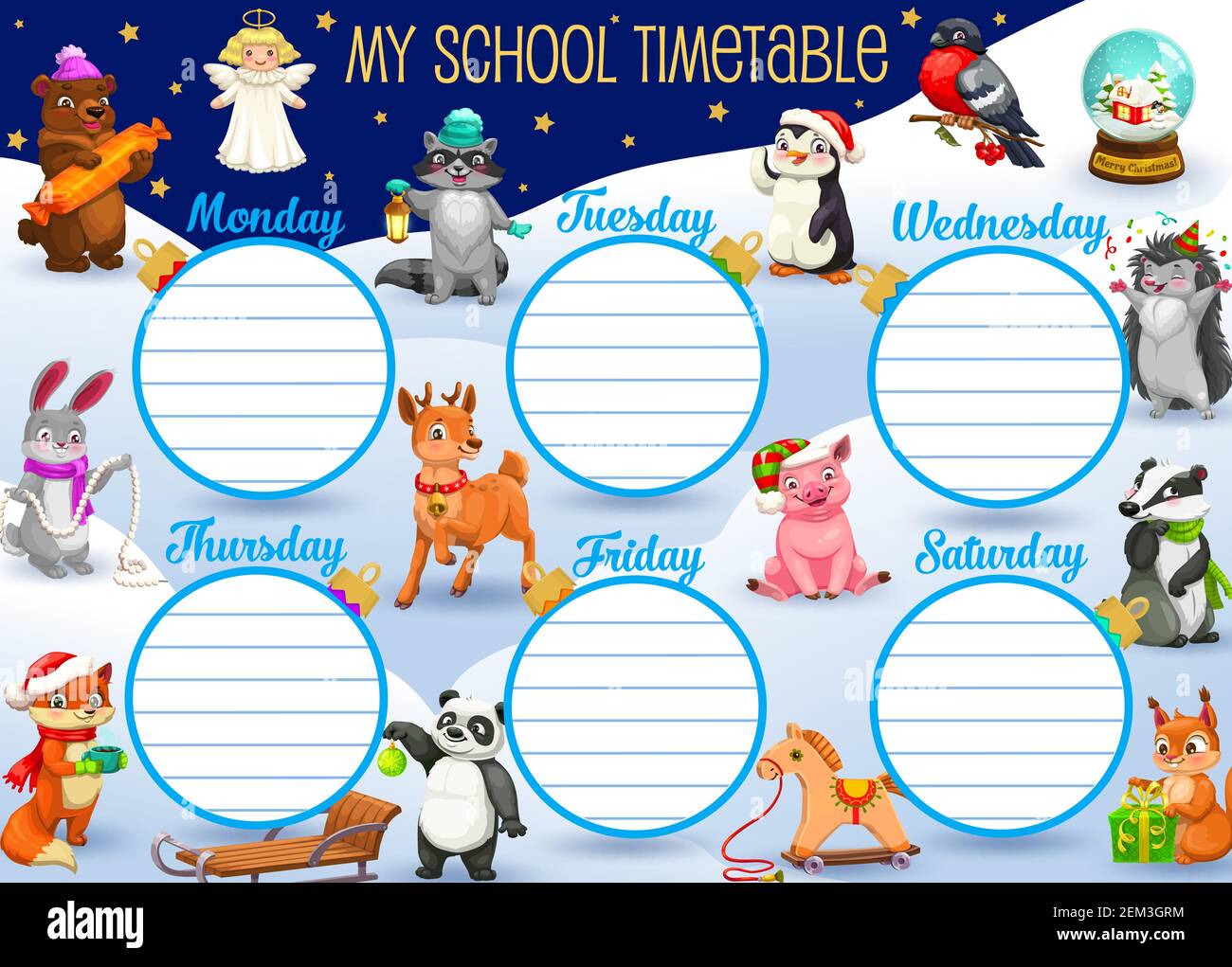 Mon calendrier scolaire avec des personnages de dessin animé d'hiver sur un paysage enneigé. Ours vectoriel avec bonbons, ange et pingouin, lapin et renard, cerf et cheval jouet. Illustration de Vecteur