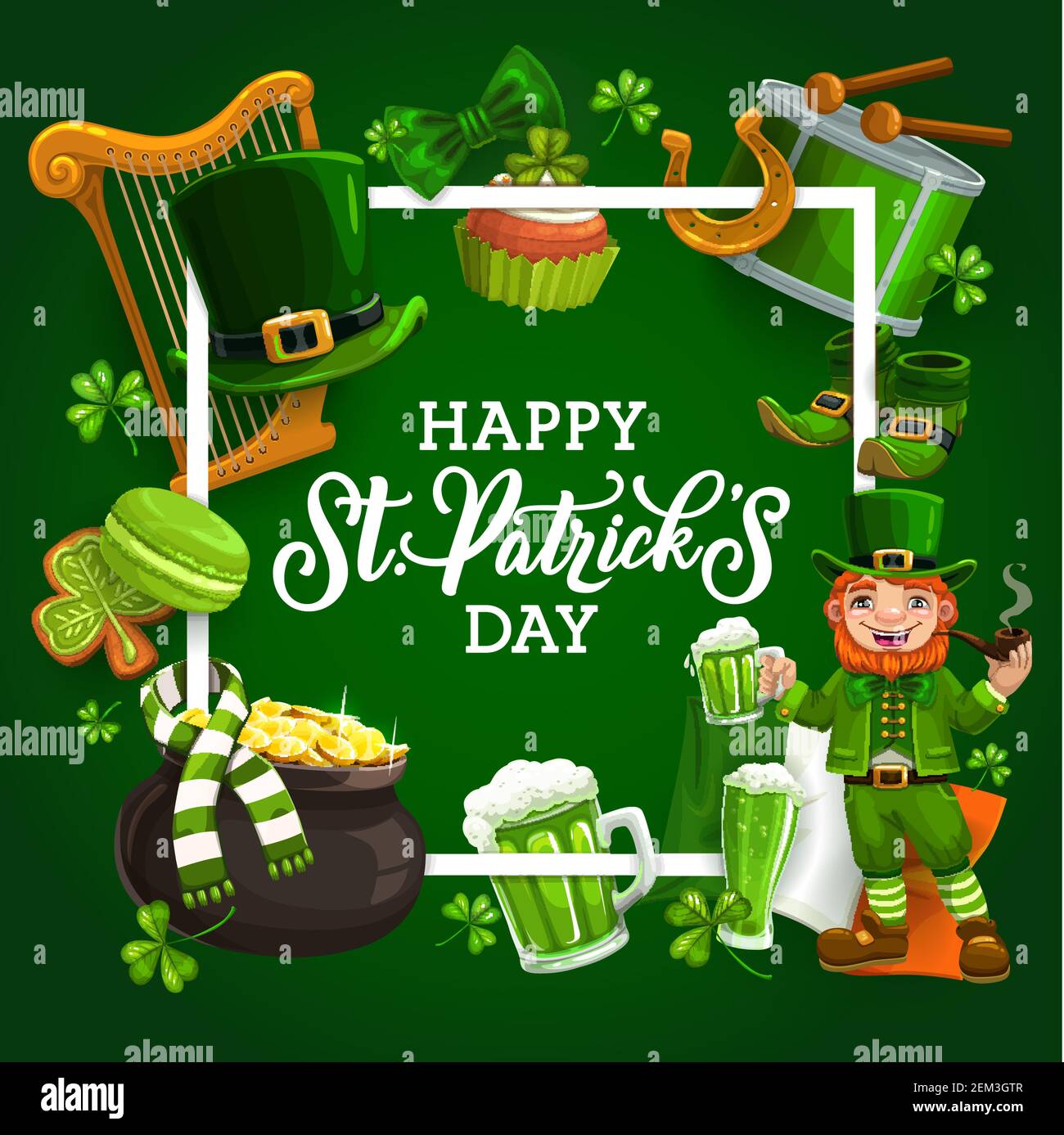 Cadre Saint Patrick des symboles irlandais des fêtes nationales. Chapeau de  harpe et de lepretchauns vectoriel, cupcake et bière, chaussures et foulard  rayé. Heurs chanceux Image Vectorielle Stock - Alamy
