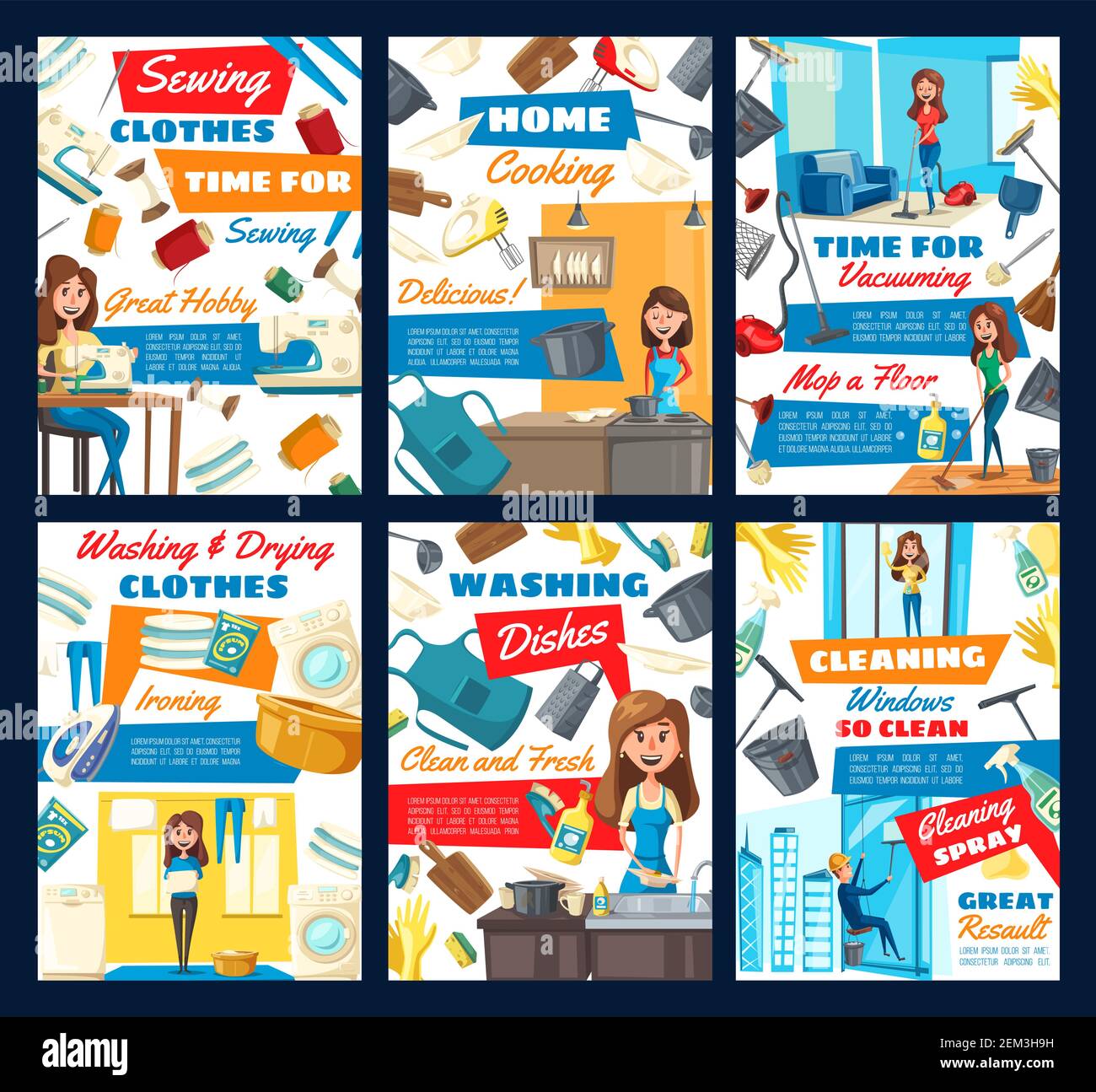 Ménage et service de nettoyage, tâches de la femme au foyer. Vecteur. Nettoyage de la maison, couture et cuisson, aspiration et lavage du sol avec mop, séchage et repassage Illustration de Vecteur