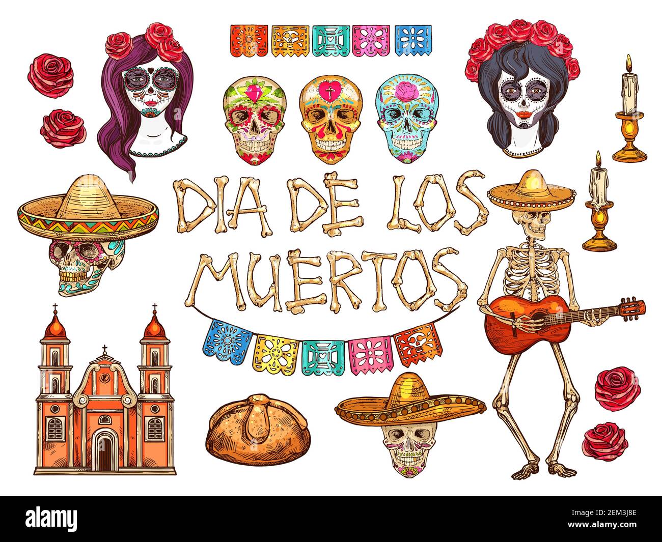 dia-de-los-muertos-symboles-mexicains-traditionnels-de-croquis-de