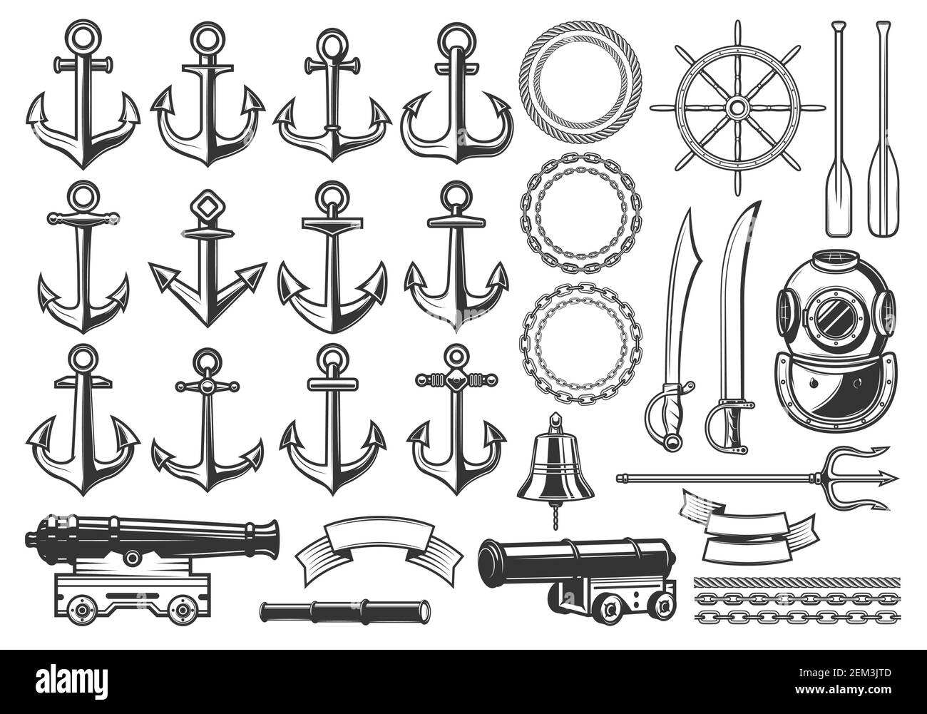 Icônes de constructeur d'héraldique nautique, ancrage de navire, barre et chaîne. Symboles de construction héraldique nautique isolés à vecteur d'aqualung, canon frégate a Illustration de Vecteur