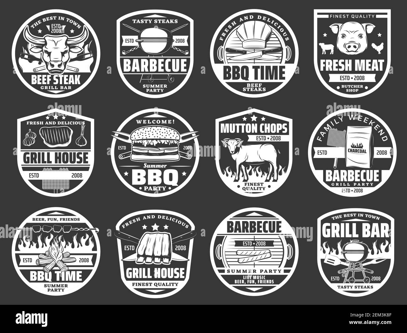Les icônes du gril à viande, des hamburgers et du barbecue à hot dog. Vector Butcher Shop côtelettes de porc et de boeuf, côtelettes de mouton et poulet sur le feu de barbecue, holoïde d'été Illustration de Vecteur