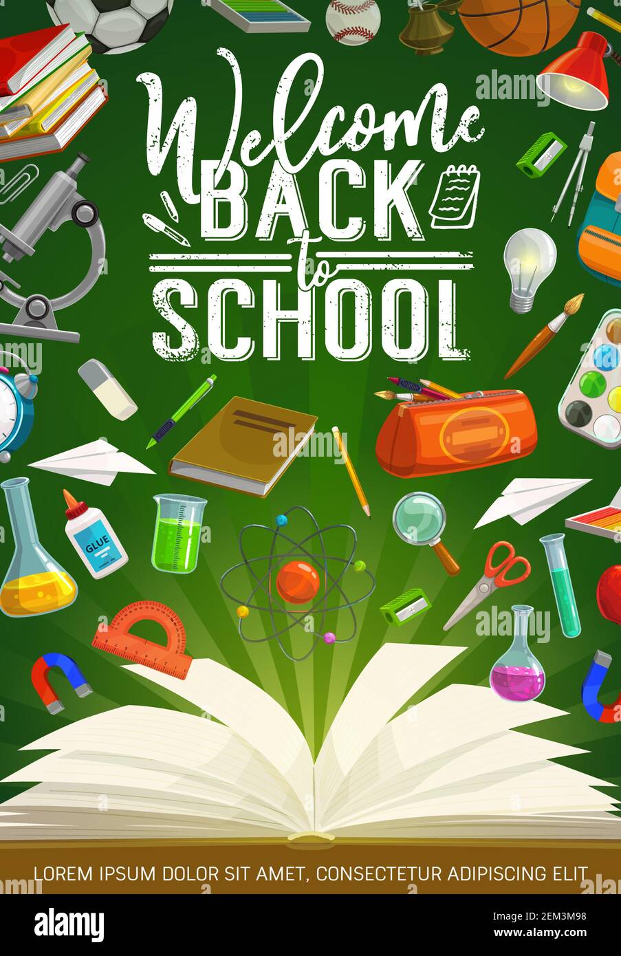 Bienvenue à l'école grunge calligraphie et outils de papeterie. Microscope vectoriel et colle, lumière et lampe, flacons chimiques et physiques, compas divid Illustration de Vecteur
