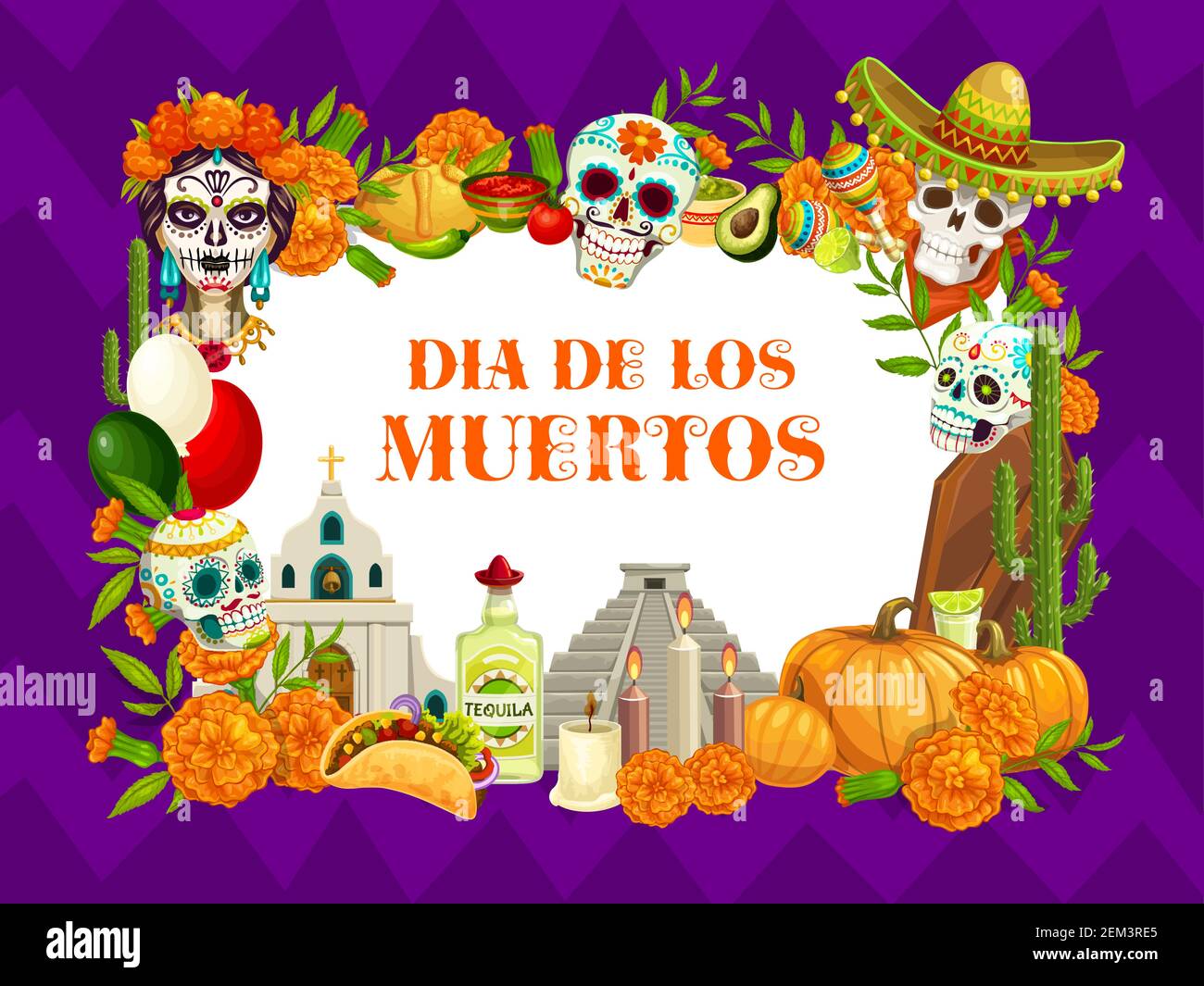 Fête mexicaine des morts ou fête de vacances Dia de los Muertos. Vecteur Dia de los Muertos célébration traditionnelle symboles de calavera crâne dans sombrero avec Illustration de Vecteur