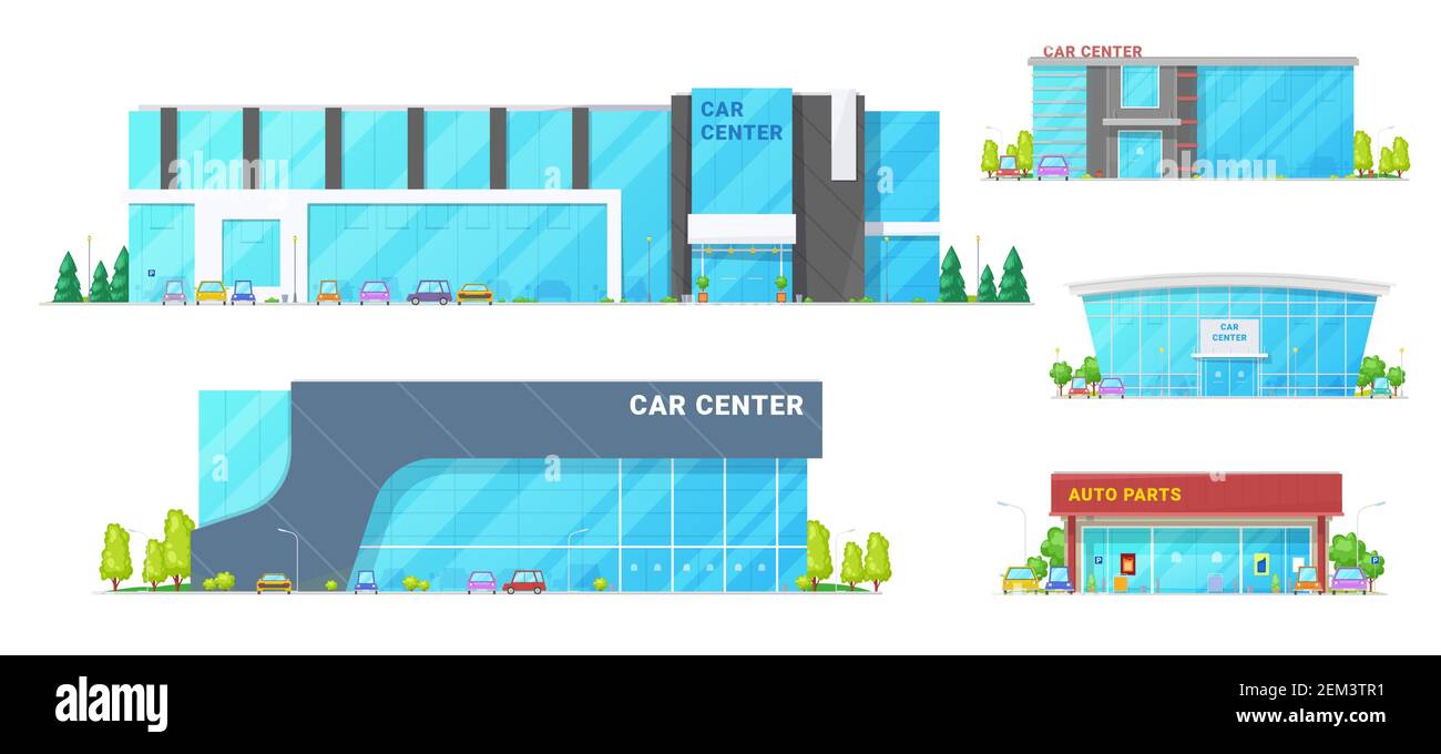 Les centres de location de voitures et les salles d'exposition. Salles d'exposition de véhicules Vector, centres de concessionnaires automobiles et magasin de pièces de rechange. Extérieur avec arbres et parking Illustration de Vecteur