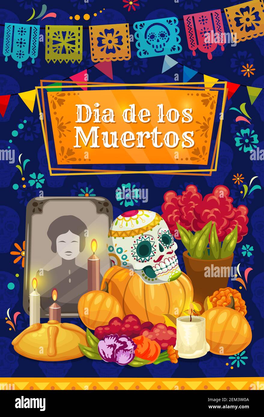 Autel de la Journée mexicaine des morts avec crâne de sucre vectoriel. Dia de los Muertos tombstone de vacances, fleurs marigold et pain doux, bougies, drapeau coupé en papier Illustration de Vecteur