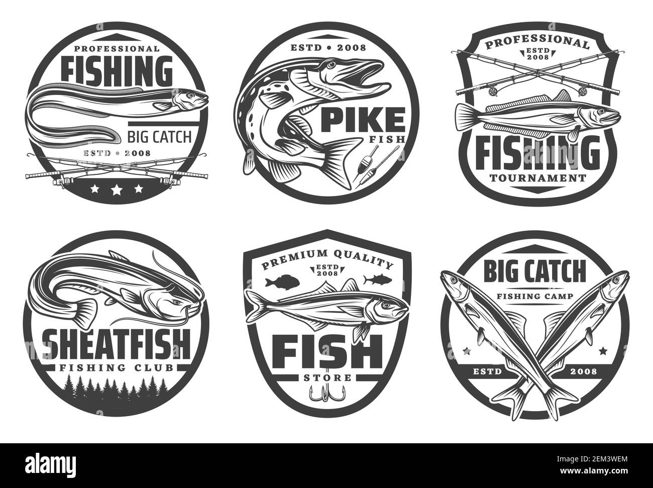 Sport de pêche, pêcheur hobby isolé monochrome logos. La pêche vectorielle s'attaque à la pêche, aux bâtonnets croisés, au brochet, à la truite et au poisson-mouton, aux grandes prises. Camp de pêche, fl Illustration de Vecteur