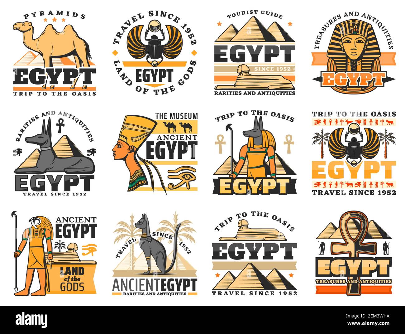 Égypte ancienne pyramide pharaoh et dieux vecteur de conception des icônes de voyage égyptiennes. Grandes pyramides de Gizeh, symbole du Sphinx et de l'ankh, Anubis, Horus et cicatrice Illustration de Vecteur
