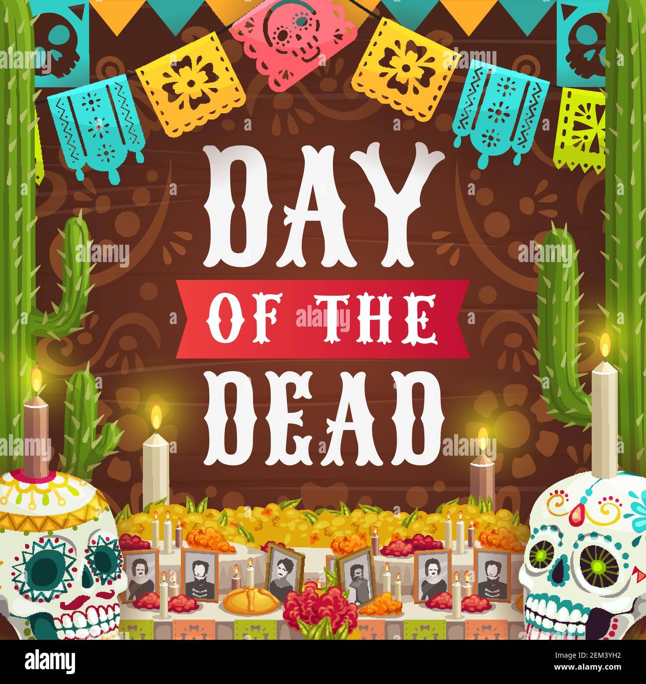 Jour des morts, vacances mexicaines Dia de los Muertos, crânes de catrina calavera et photos sur autel avec bougies. Fête Vector Day of Dead fiesta au Mexique, Illustration de Vecteur