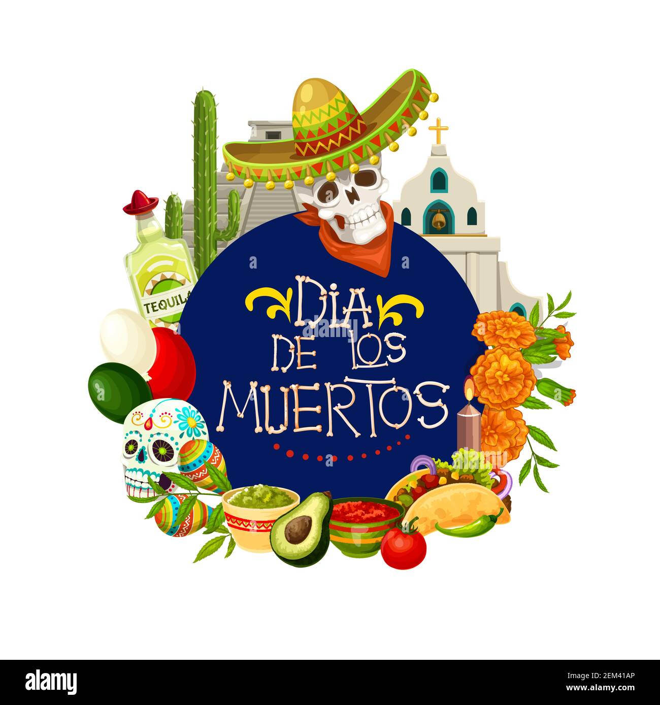 Dia de los Muertos, affiche de célébration traditionnelle de la fête mexicaine des morts. Vecteur Dia de los Muertos calavera crâne dans le sombrero mexicain, tequila Illustration de Vecteur
