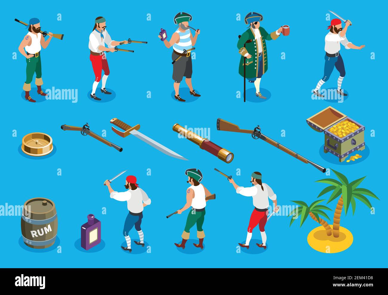 Pirates icônes isométriques avec armes et rhum, accessoires marins, Treasure Island, isolé sur fond bleu illustration vectorielle Illustration de Vecteur