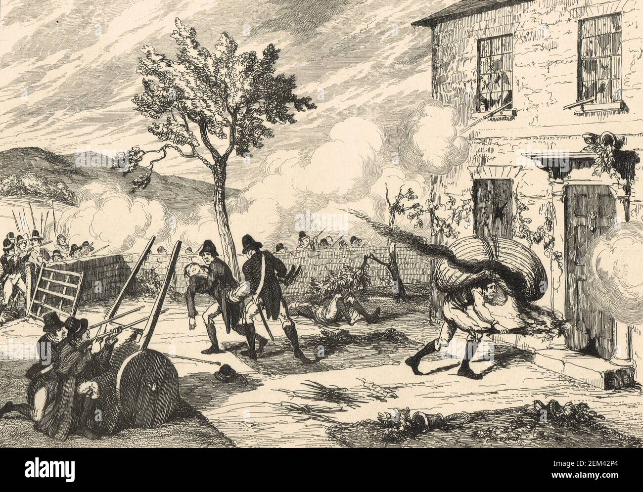 Attaque contre la maison du capitaine Chamney. Les forces rebelles attaquent la maison du capitaine Joseph Chamney, près de Ballyraheen Hill, comté de Wicklow, le 2 juillet 1798, pendant la rébellion irlandaise de 1798 Banque D'Images