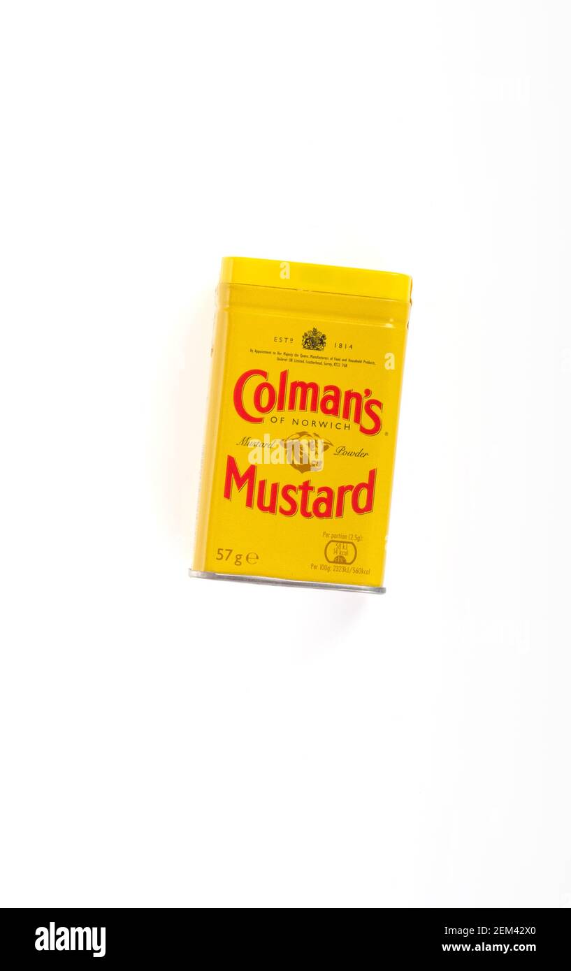 Boîte de poudre de moutarde sèche Colman Banque D'Images