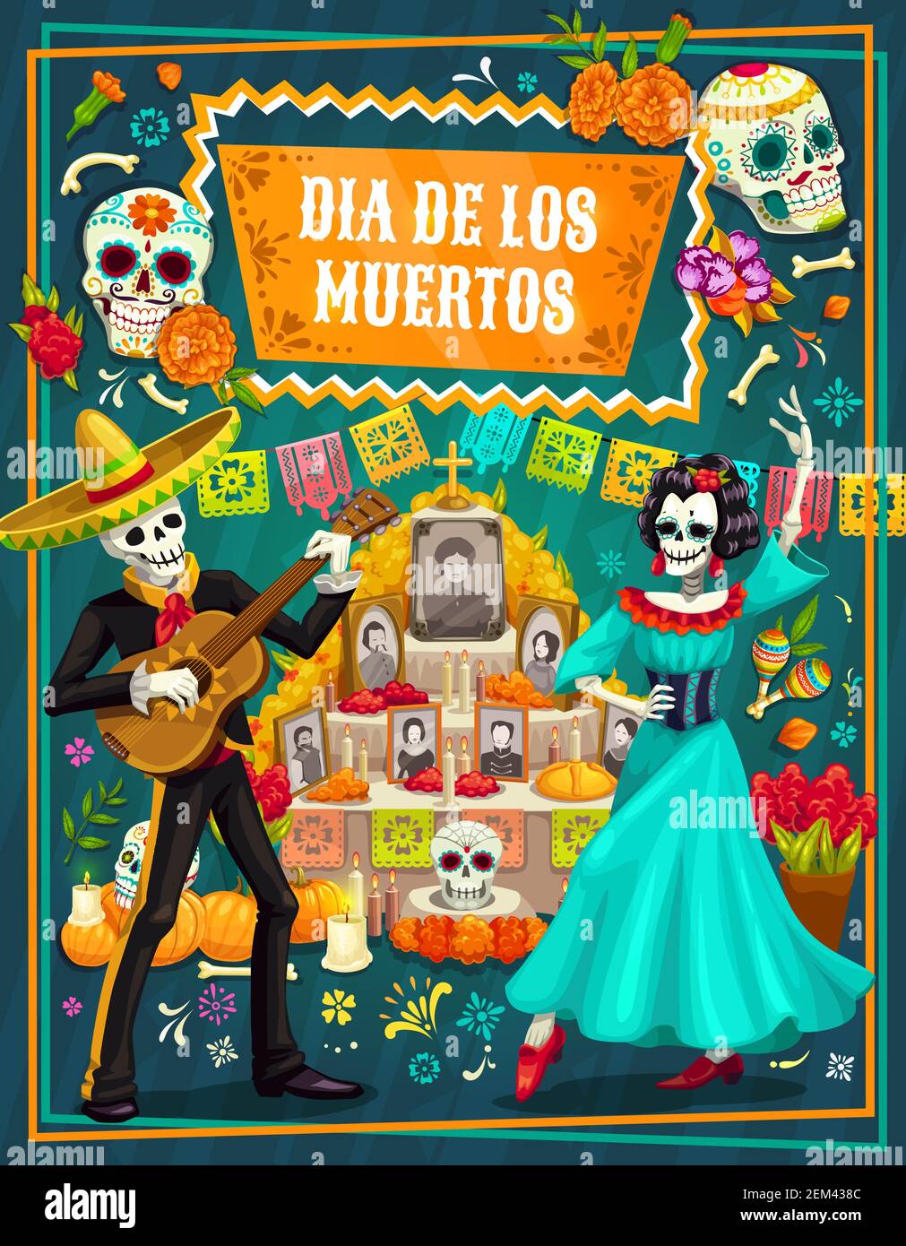 Carte de voeux vecteur du jour des morts avec des crânes de sucre mexicains et des squelettes de mariachi et Catrina, festival sombrero, guitare et autel, marigold fl Illustration de Vecteur