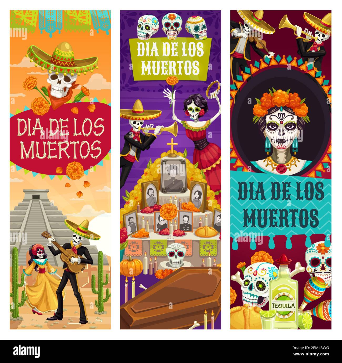 Banderoles de fête mexicaine Day of Dead, fête Dia de los Muertos. Vector Dead Woman danse avec squelette jouant de la guitare, calavera crâne sur ri Illustration de Vecteur