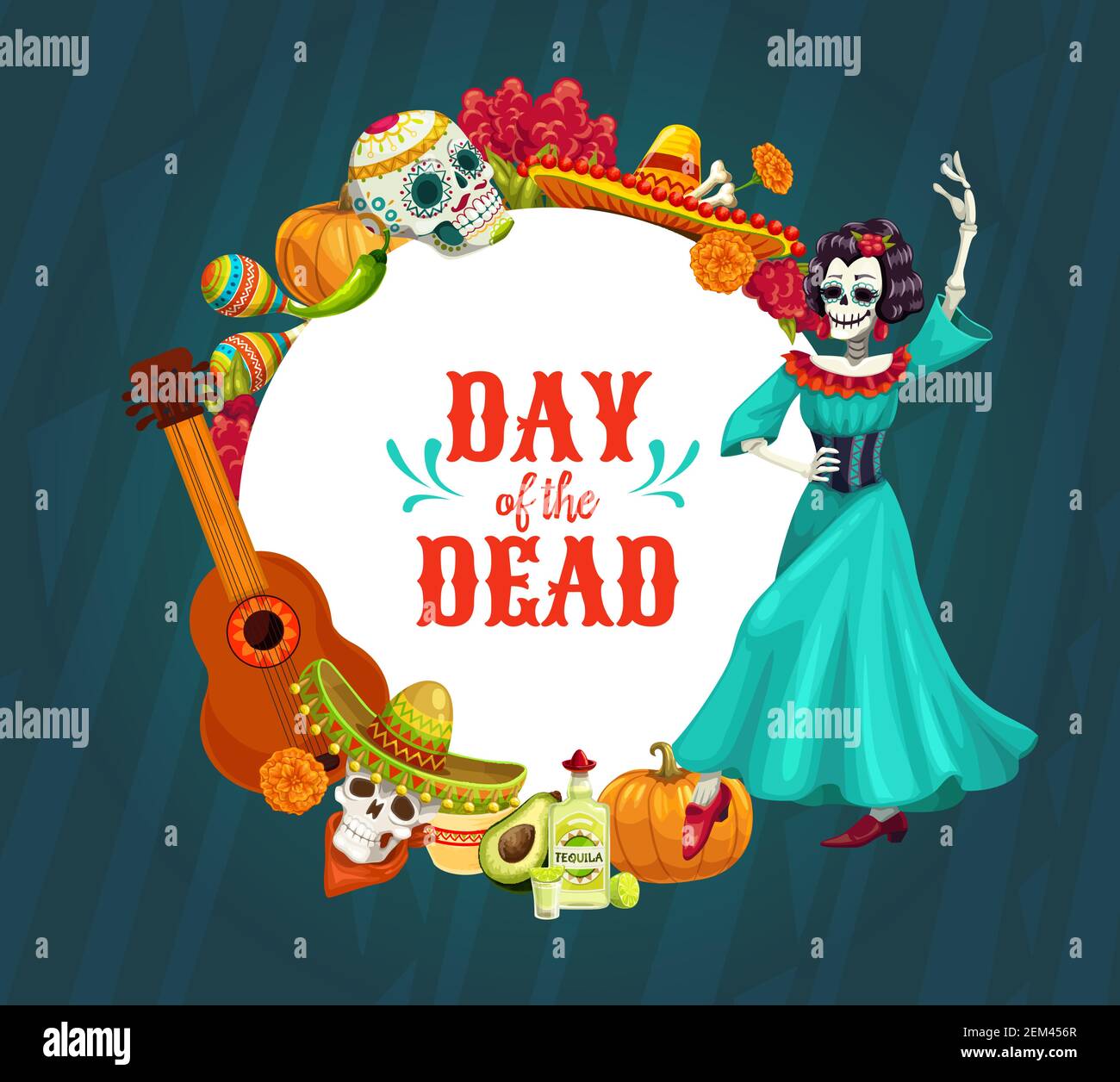 Fête mexicaine des morts vecteur crânes et Catrina avec Dia de los Muertos festival sombrero, guitare et maracas, sucre calavera, marigold fleurs et Illustration de Vecteur