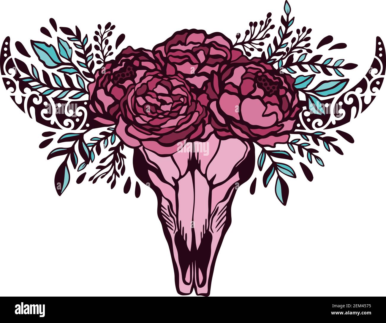 Crâne vache fleur floral rose.ethnique symbole décoration native.style boho style américain.isolé ni fond blanc. Illustration de Vecteur