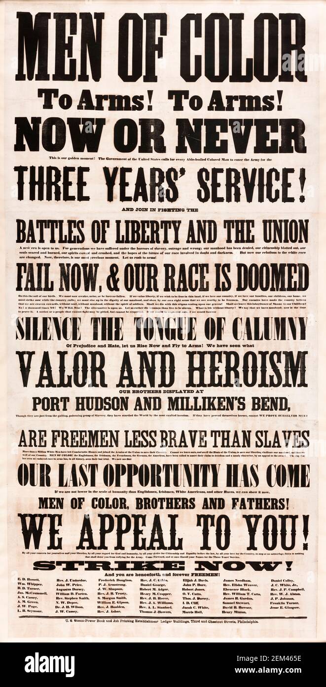 AFFICHE de recrutement DE l'armée AMÉRICAINE appelant à s'enrôler dans la guerre de Sécession (1861-1865), poster écrit par Frederick Douglass, 1863 Banque D'Images
