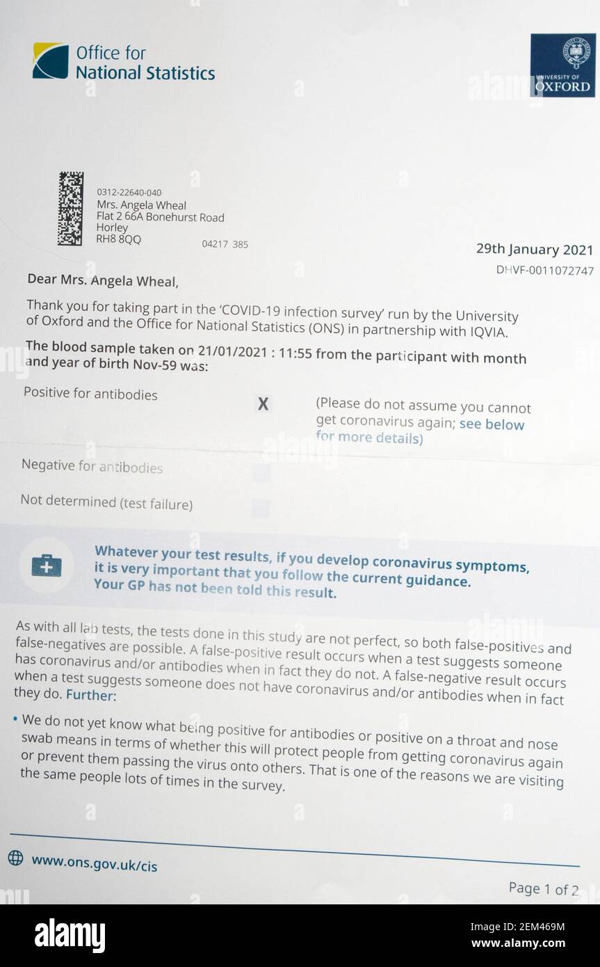 Office for National Statistics ONS lettre positive Test pour les anticorps Coronavirus Covid19 Banque D'Images